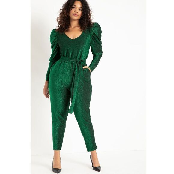 Eloquii Lurex knit‎ Jumpsuit green metallic jumpsuit puff sleeve, plus size 14 - Picture 1 of 16